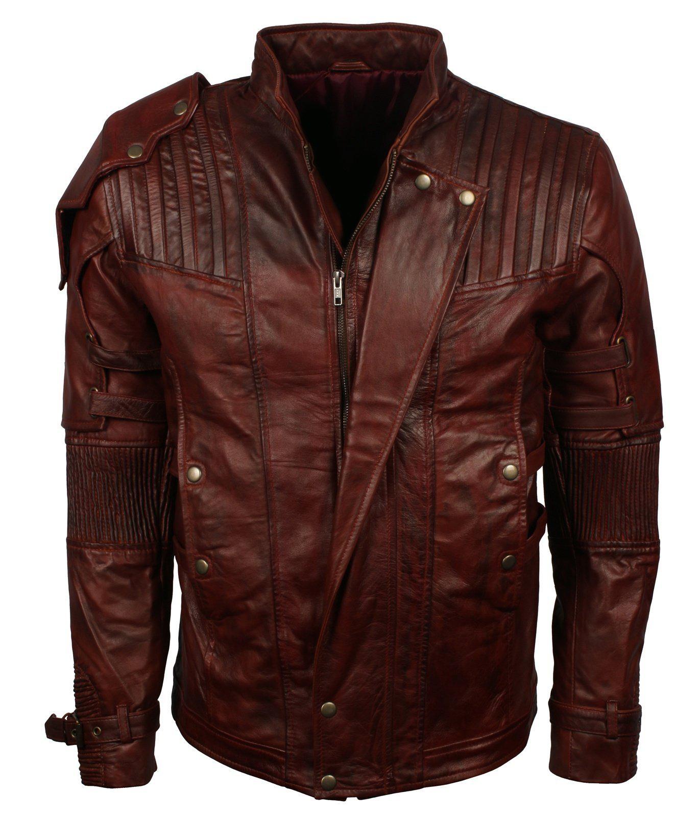 Men s Dark Brown Genuine Leather GOTG Cosplay Jacket