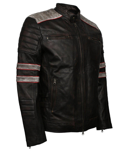 Black Moto Leather Jacket with red stripes