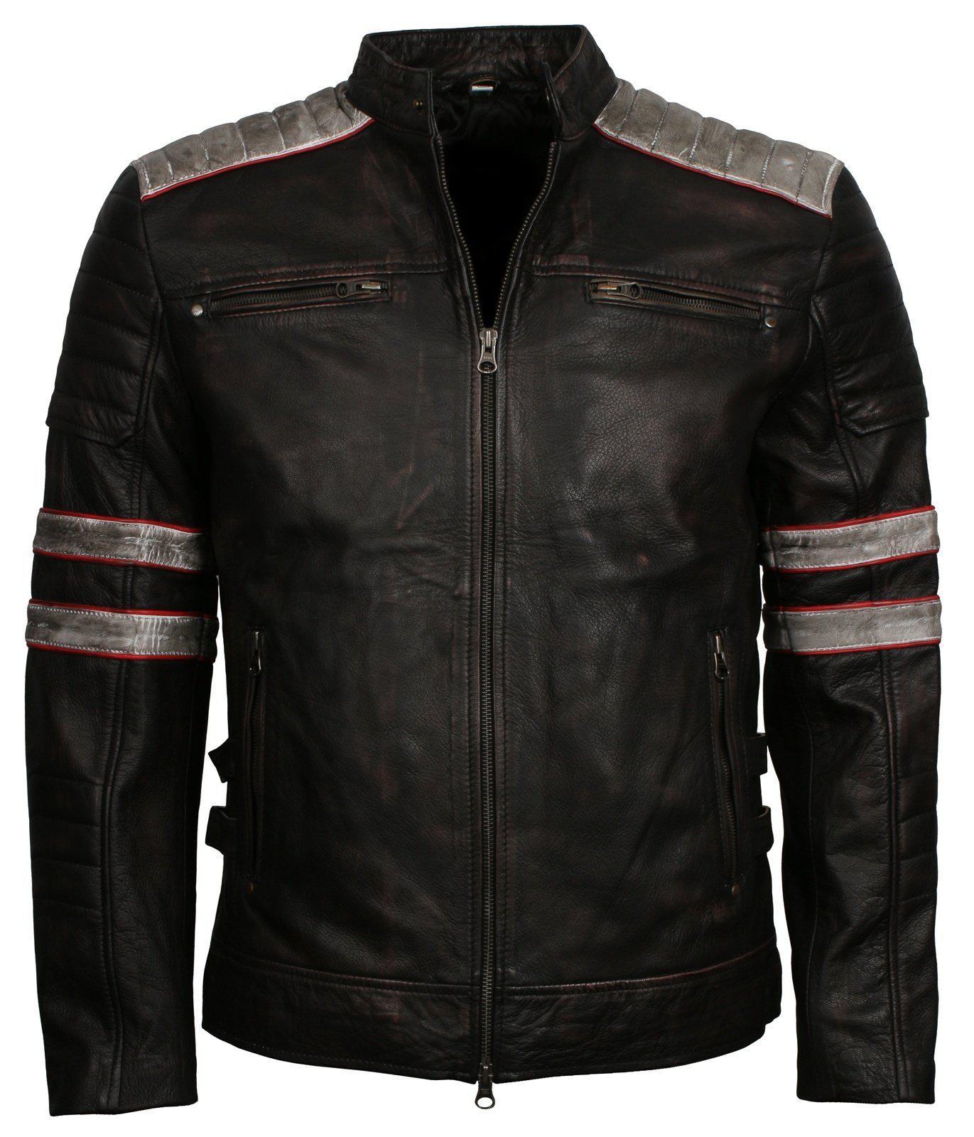 Black Leather Biker Jacket Men with stripes 