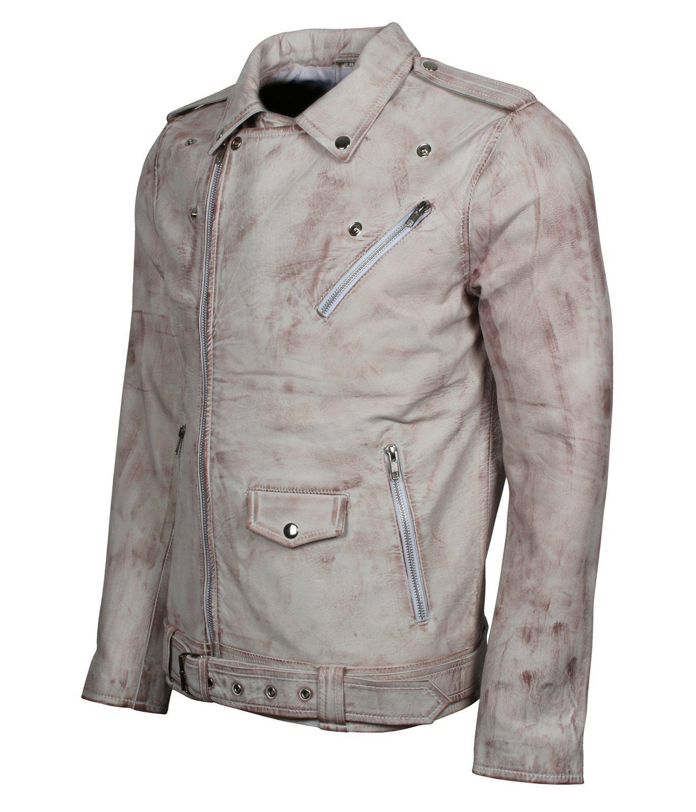 White Rocker Distressed Leather Belted Motorcycle Jacket | Alex Gear XL Chest 45-46 Inches / White