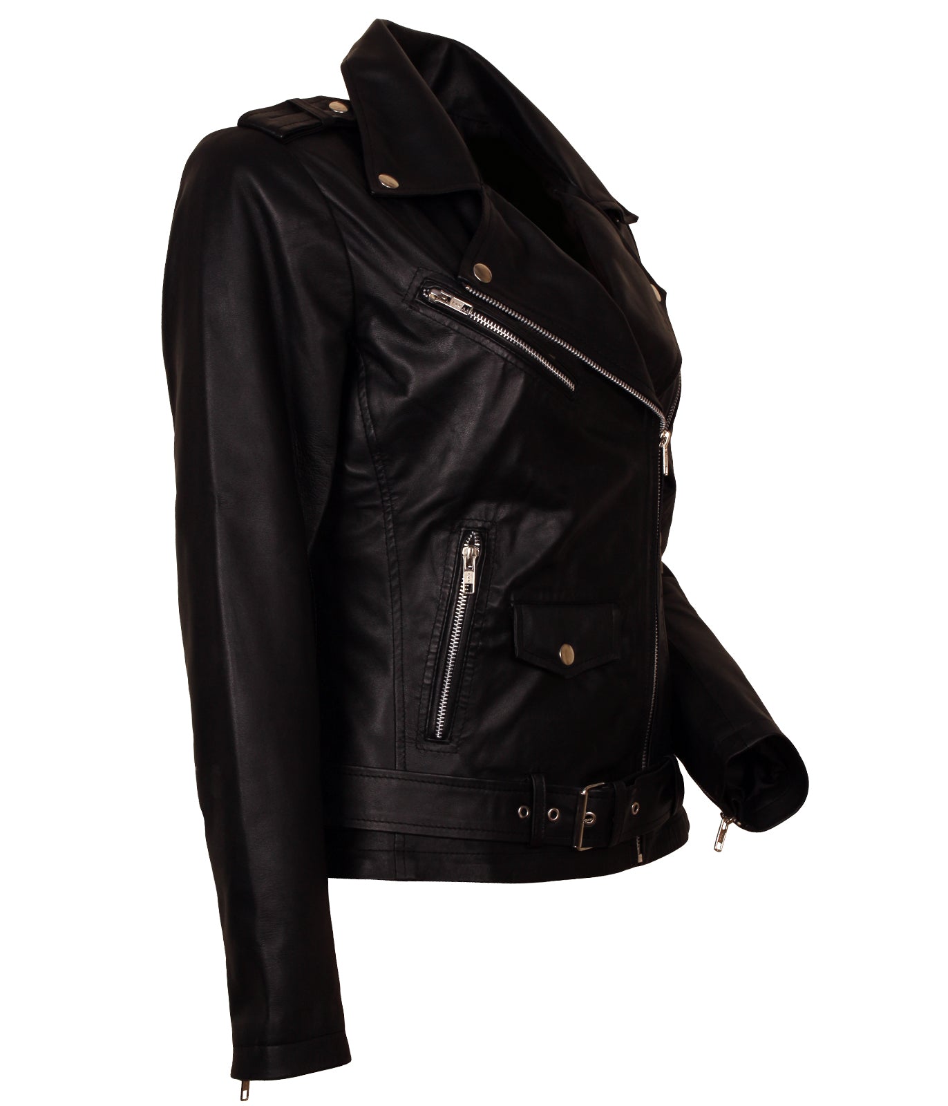 Black Belted Leather Jacket Women Bikers